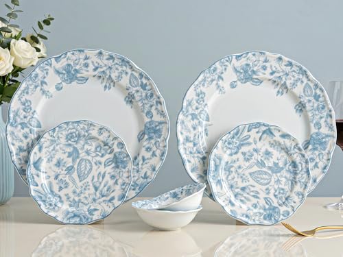 Image of Bodhi House Porcelain Dinner Set 6 Pieces - Blue Leaf White Dinnerware Set | 2 Dinner Plates, 2 Quarter Plates, 2 Katori Bowls | Premium Crockery Set for Dining, Kitchen & Gifting
