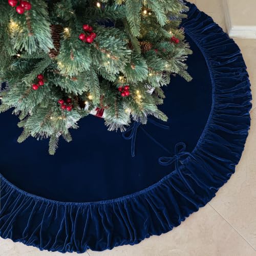 Jupe de sapin Noël velours froncée 60po, tissu épais doublé mousse bleu royal