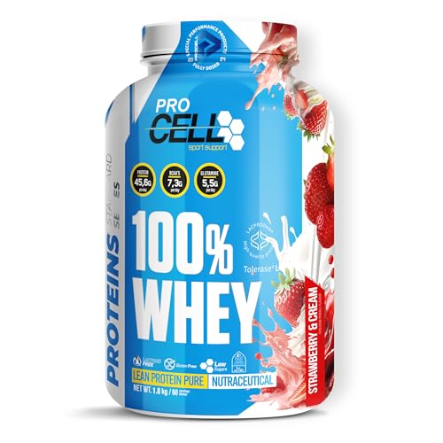 ProCell Proteína Whey 1,8Kg 100% Proteína de Suero Concentrada (Fresa) Con BCAA y Glutamina, Sin Gluten, Sin Lactosa y Bajo en Azúcares (60 Servicios)