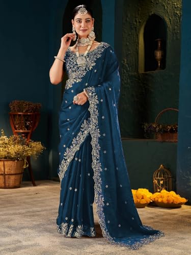 Image of SIRIL Women's Tissue Silk Sequence Embroidery Saree with Unstitched Blouse Piece