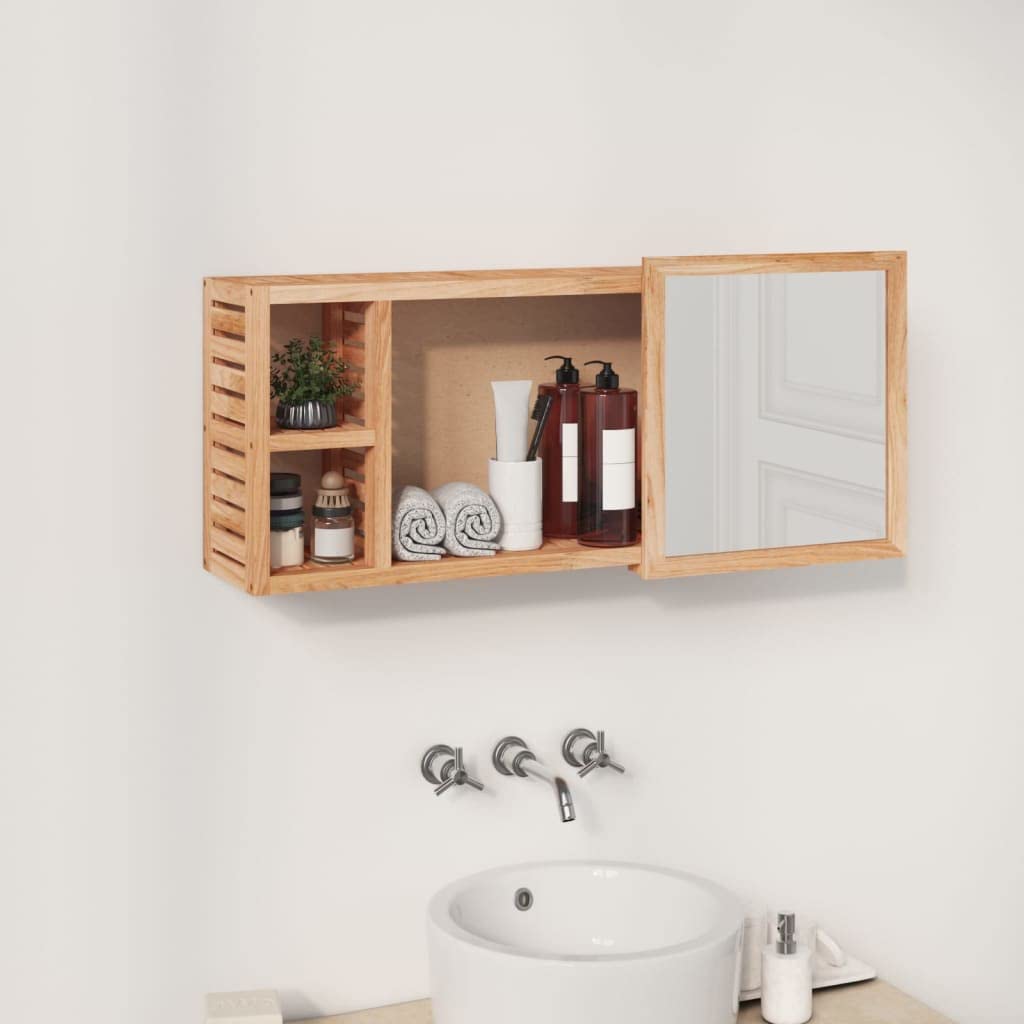 Spiegelschrank 80x17x34 cm Massivholz Nussbaum - Eleganter Badezimmerschrank mit Schiebespiegel und 3 Fächern - Wandmontierter Badschrank für Badzubehör und Kosmetik