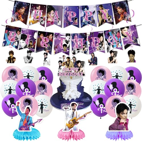 Image of Prince Singer Party Decorations, Rock Singer Theme Birthday Banner Honeycomb Centerpieces Hanging Swirls Party Latex Balloons for Fans Birthday Baby Shower Party Supplies