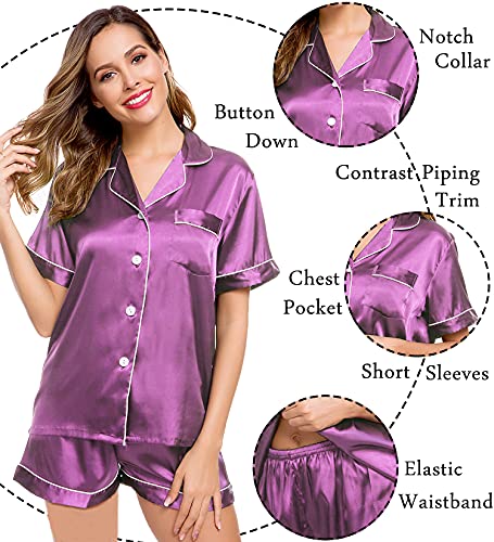 Image of LecGee Womens Silk Satin Pajamas Short Sleeve Loungewear Two-Piece Sleepwear Button-Down Pj Set