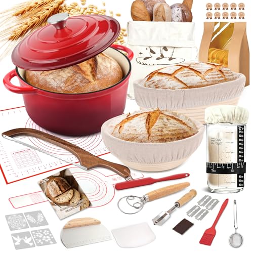 Sourdough Starter Kit with Dutch Oven Banneton Bread Proofing Basket and Glass Jar - Complete Sourdough Bread Baking Supplies Full Sour Dough Making Essentials Tools Gift for Women Bakers Beiginner