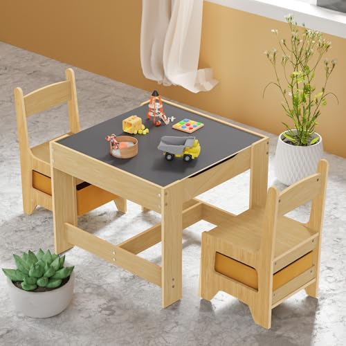 Kids Table and Chair Set, Wooden Activity Table with Storage Drawer, Detachable Tabletop for Toddlers Drawing, Reading, Art Crafts, Kids Learning Table and Chair Set for Home, Playroom (Wood Color)
