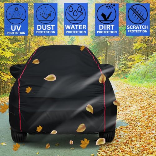 Image of Waterproof Car Cover for Tata Tiago | All-Weather Protection, Dustproof & UV Resistant | Triple Stitched Mirror Pockets, Windproof Buckle Strap with Elastic Hem, Black-Red Piping
