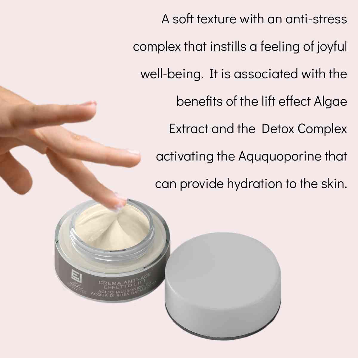 CRÈME ANTI-ÂGE RELAXANTE EFFET LIFTING À L'ACIDE HYALURONIQUE HYDRATANT ET REPULPANT ANTIOXYDANT RÉDUIT LE STRESS TESTÉ SUR PEAUX SENSIBLES BIO ET BIO MADE IN ITALY