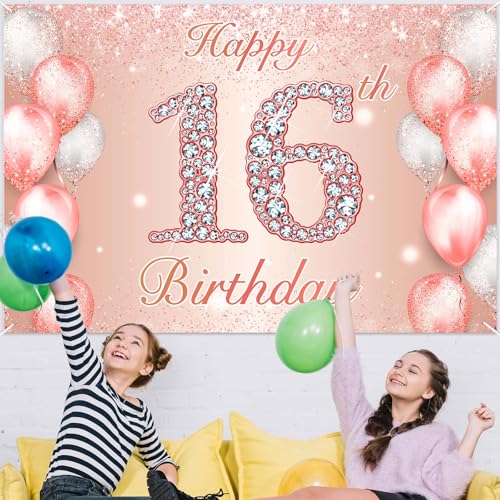 Image of Happy 16th Birthday Rose Gold Banner Cheers to 16 Years Old Backdrop Confetti Balloons Theme Decor for Girls 16 Years Old Pink Birthday Party Decorations Bday Supplies Background Favors Gift Glitter