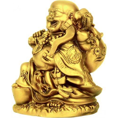 Image of TIED RIBBONS Decorative Good Plated Luck Laughing Buddha Idol Statue Showpiece (Resin, 13 cm X 12 cm) Fengshui Items for Good Luck Money Positive Energy Good Health Room Bedroom Office Table
