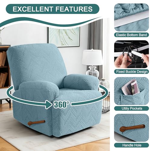 Image of Ruaozz Recliner Sofa Covers Recliner Chair Covers Recliner Covers for Reclining Chair with Pockets Washable Furniture Protector with Elastic Bottom (1 Seater, Light Blue)