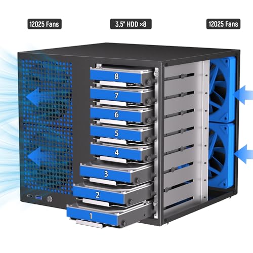 Image of 8 Bay NAS Case, Support MATX ITX Motherboard & ATX PSU, SATA & SAS HDD Compatible, 8x3.5 Hot-Swap + 2x2.5 SSD, Dual-Chamber NAS PC Case Support 4 Fans Mounting, Black