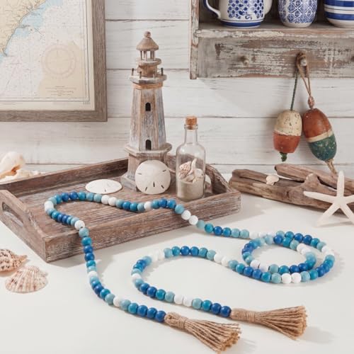 Image of Equsion Wooden Bead Garland with Tassels, Extra Long Fireplace Wood Bead Garlands Rustic Farmhouse Vintage Boho Beads Garland for Party Home Decor Tiered Tray Decorative Beads(Gradient Blue)