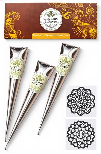 Organic Leaves - Henna Cones 3 × 30 g Pack | Made from 100% Natural Henna Leaves | Ready-to-Use, Pre-Filled Cones | 5-Stage Filtered for Rich, Long-Lasting...