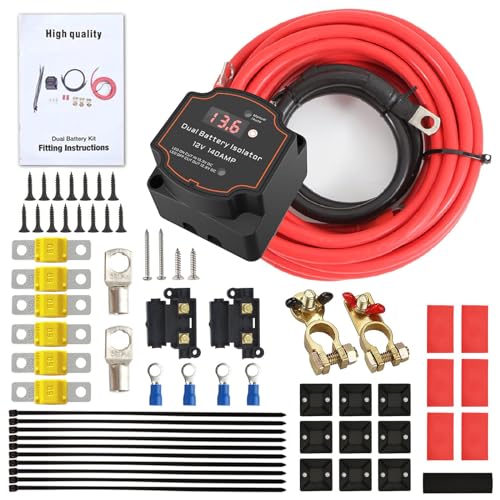 8M Split Charge Relay Kit, 12v 140Amp Smart Dual Battery Isolator, Voltage Sensitive Relay Kit with LED Screen Display for Campervan Van Truck SUV RV ATV UTV Boat