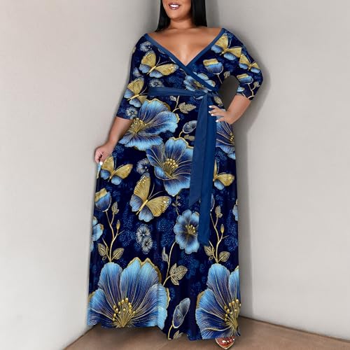 Image of SUZONANA Plus Size Maxi Dresses for Curcy Women Casual Loose 3 /4 Sleeve Long Dress with Belt