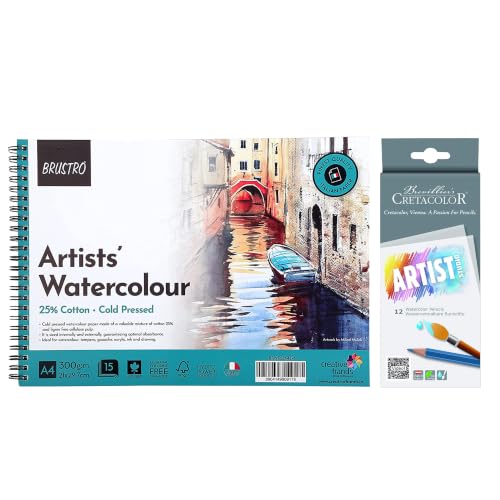 Image of BRUSTRO Artist's Wiro Watercolour Paper Pad, 300 GSM, A4(8.3x11.7 in), 25% Cotton, Cold Pressed, 15 Sheets with Cretacolor Studio Line Watercolor Pencil Set of 12,Assorted|for Drawing,Painting