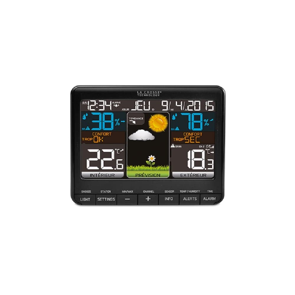 Close-up of La Crosse Technology WS6825 Weather Station display showing time, date, indoor/outdoor temperature and humidity, and weather forecast icons
