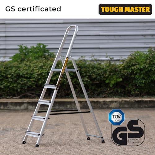 TOUGH MASTER Aluminium Folding Step Ladder Tread Ladders Anti-Slip Steps Top Handrail with Rubberised Plastic Feet Max Load 150Kg – EN131 Safety Standard, Silver (5 Steps) 7 TOUGH MASTER Aluminium Folding Step Ladder Tread Ladders Anti-Slip Steps Top Handrail with Rubberised Plastic Feet Max Load 150Kg – EN131 Safety Standard, Silver (5 Steps) - Image 7