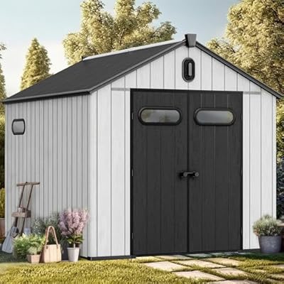 YITAHOME 8x10ft Outdoor Resin Storage Shed with Floor, 544 cuft Waterproof Garden Shed with Lockable Door, Windows & Vents, Plastic Tool Storage for Patio Furniture, Lawnmower, and Bike Storage, Gray