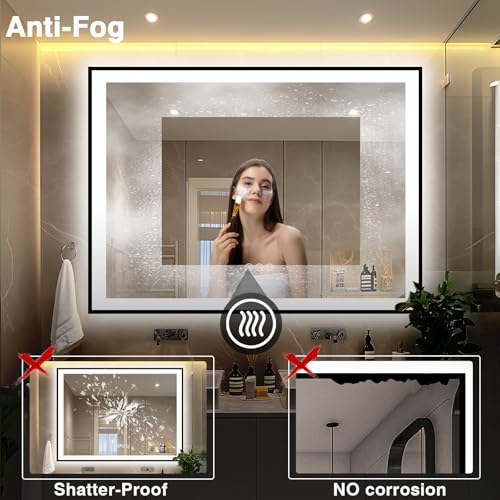 51x40 Bathroom Light up Mirror, Black Double Bright Lights Mirror, Anti-Fog Vanity Mirror with Lights, Stepless Dimmable Illuminated, Touch Control, Waterproof (Horizontal/Vertical)