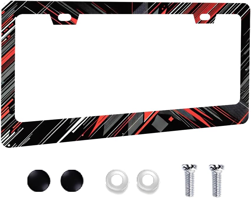 Red & Black Geometric Aluminum License Plate Frame with Mounting Screws