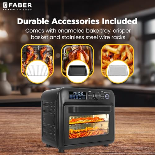 Image of Faber Air Fryer Oven 20L,1500 Watts, Digital Control, Bake Tray, SS Wire Tray & Basket, Crumb Tray, | 15 Preset Auto Program | Bake,Roast,Fry,Toast,Defrost | FAO 20L BK 15DF