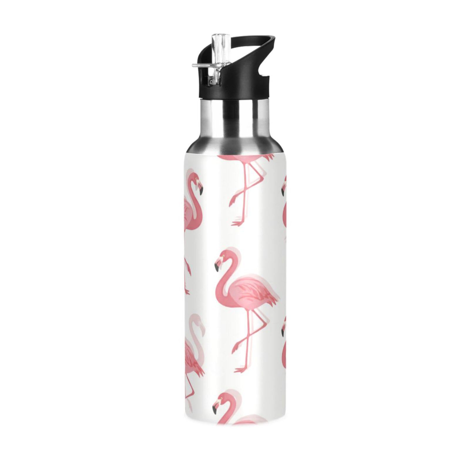 BOESI Flamingo Pattern Insulated Water Bottle 600ml, Stainless Steel Vacuum Sports Bottle with Straw, Leak Proof Thermal Bottle for Gym Travel Outdoor