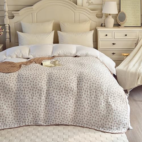 Image of Muslin Throw Blanket 100% Cotton 6-Layer Gauze Floral Pattern Cooling Blanket Lightweight Soft Breathable Quilt for All Season Both Sides for Sofa Couch (Leaves Tan, Throw 50 inchx60 inch)