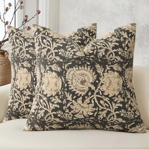 DKwizme Vintage Floral Print Throw Pillow Covers 18x18 Set of 2 Neutral Modern Farmhouse Pillowcases Accent Decorative Cushion Covers Boho Home Decor for Couch Sofa Chair Bed Living Room, Black