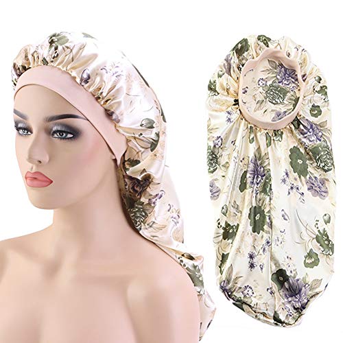 Extra Long Satin Bonnet Sleep Cap Long Bonnet for Braids Hair Loose Cap (Beige Flowers)