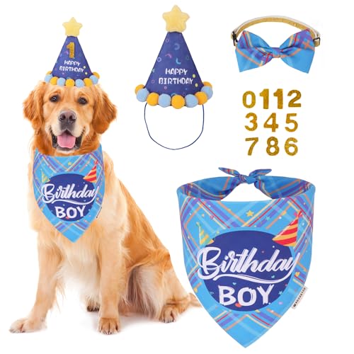 ADOGGYGO Dog Birthday Party Supplies, Blue Birthday Boy Bandana, Bowtie, Numbers, Party Hat for Extra Large Dogs (X-Large)