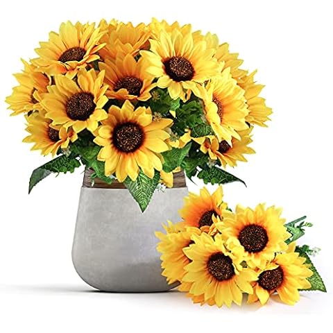 Mocoosy 4 Bunches Artificial Sunflower Bouquets, Fake Silk Sunflowers with Stems, Sunflowers Artificial Flowers Realistic Yellow Faux Sun Flowers for Arrangement Centerpieces Wedding Home Decorations Cover