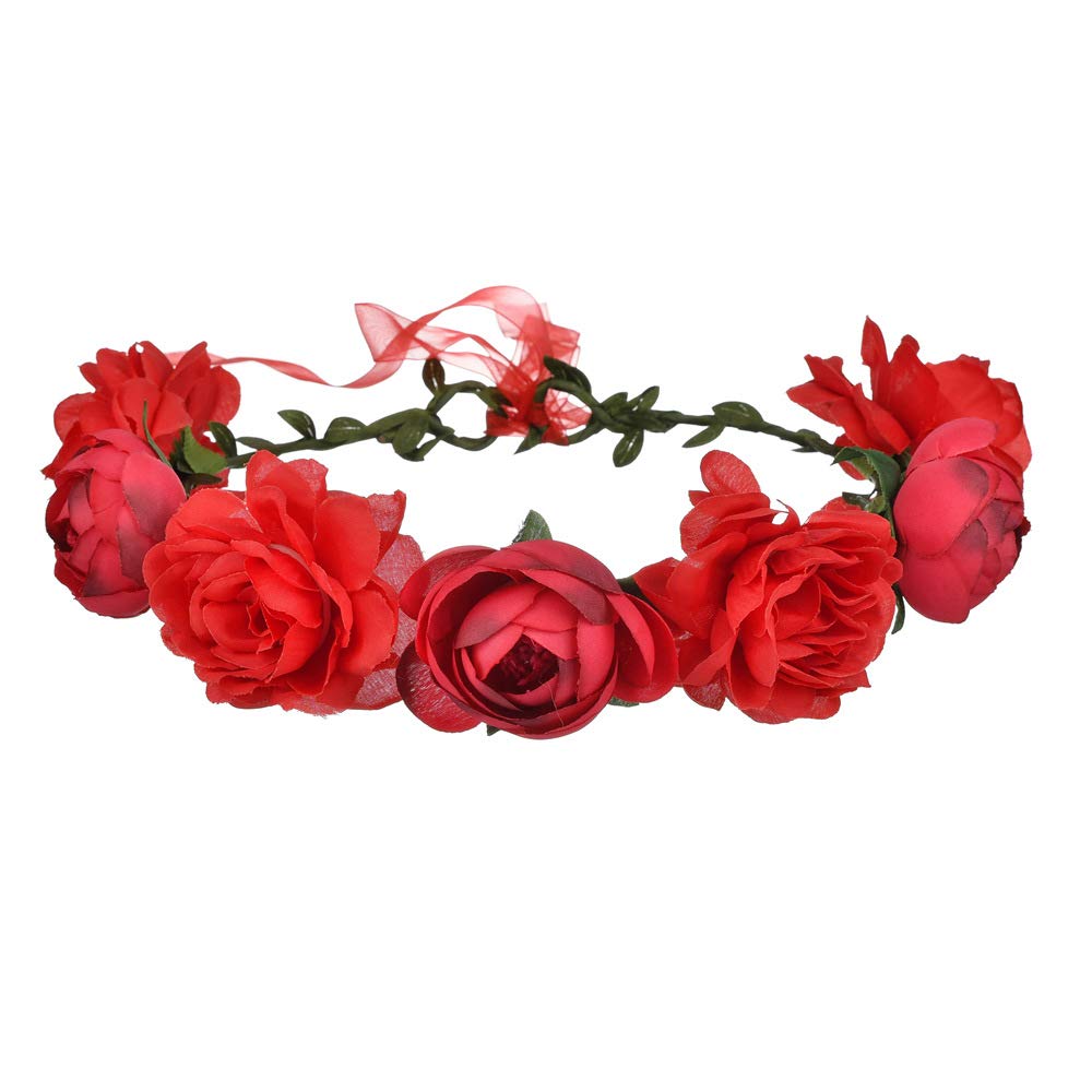 SYGAWomen Rose Floral Crown Hair Wreath Leave Flower Silk Headband with Adjustable Ribbon