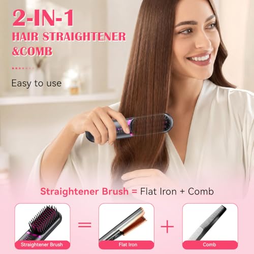 Image of Hatteker Cordless Hair Straightener Brush, Portable Hair Brush for Travel | Straightening Brush Cordless with 3 Temperature Settings, Mini Ionic Hot Comb Straightener for Women (Black)