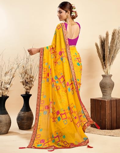 Image of SIRIL Women's Printed Chiffon Saree with Unstitched Blouse Piece