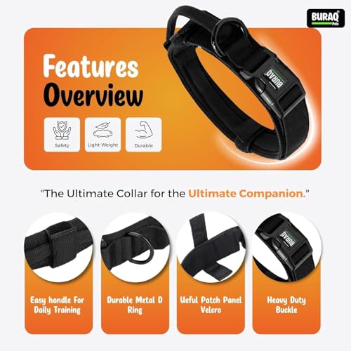 Image of Buraq Tactical Dog Collar, Adjustable Military-Grade Nylon with Handle & Heavy Metal Buckle, Dog Belt for Medium & Large Dogs (Parent) (Black, L)