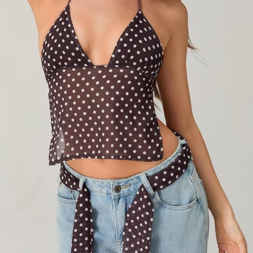 Women Polka Dot Halter Top Y2k Backless Cami Tank Tops with Scarf2