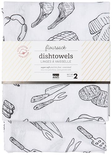 Image of Now Designs On the Grill Black Floursack Dishtowels Set of 2, 100% Cotton, W20 x L30in, Extra Soft Kitchen Linens