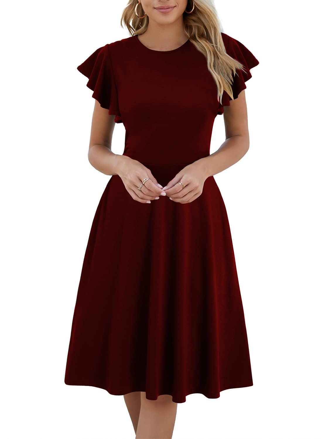HELYO Women's Semi-Formal Ruffle Sleeves V-Back Work Fit and Flare Cocktail  Knee Length Dress with Pockets 842