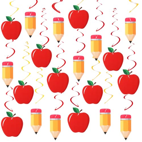 Image of Back to School Hanging Swirls Decorations, 60PCS First Day of School Apple Pencil Swirls Hanging Ornaments for Preschool Elementary Classroom Ceiling Welcome Back to School Party Favors Supplies
