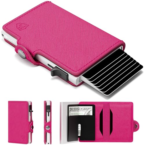 Card Blocr Womens Slim Wallet for Small Purses, Pop Up Wallet with Anti Theft RFID Blocking Credit Card Holder for Women in Pink PU Saffiano