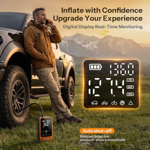 Image of UN1QUE PT610 Cordless Tyre Inflator for Car, Dual Power-6000mAh & 12V DC, 150 PSI, Auto Shut-Off, Rechargeable Air Pump for Car Tyres, Bikes, Balls with LED Light & Digital Pressure Gauge