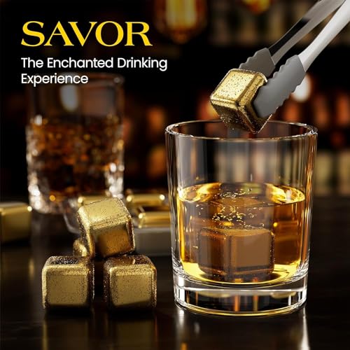 Image of Whisky Stone Gift Set - Reusable Ice Cube, Stainless Steel Whisky Metal, Drinking Gift Set for Men, Metal Ice Cube for Vodka, Wine, Drink Juice (Gold)