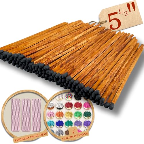100 Count | 5.5' Brown Stick/Black Tip Matches | Strikers Included | Color Tip Wooden Match | Refill...