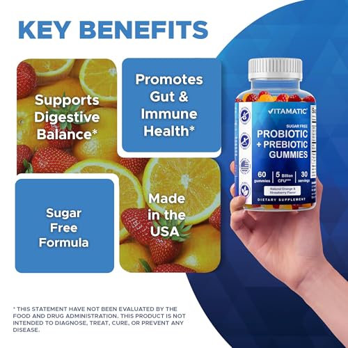 Image of Vitamatic Sugar Free Probiotic + Prebiotic Gummies, 60 Count | 5 Billion CFU Bacillus Coagulans per serving, Support Digestive Health and Gut Flora Balance*, Non-GMO, Made in USA