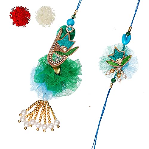 Handicraft Bazarr Kundan Rakhi para hermano perla y piedra 2 piezas Rakhi Set para hermanos y hermanas en la ley 1 pieza Rakhee Lumba para pulsera Bhabhi y Rakhi para Bhai Indian Handmade Floral Rakhi Cover