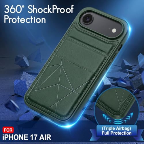 Image of amazon basics Premium Vegan Leather Back Cover with Card Holder and Integrated Mobile Stand for iPhone 17 Air - Slim Shockproof Wallet Case with Geometric Stitching [Green]