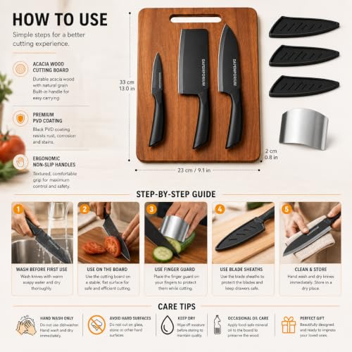 Image of Kitchen Knife Set with Wooden Cutting Board & Finger Guard Set (3+1+1) Stainless Steel Chef, Cleaver & Paring 3-Pcs Knives Set with Safety Covers | Ultra-Sharp Multipurpose Tool Combo