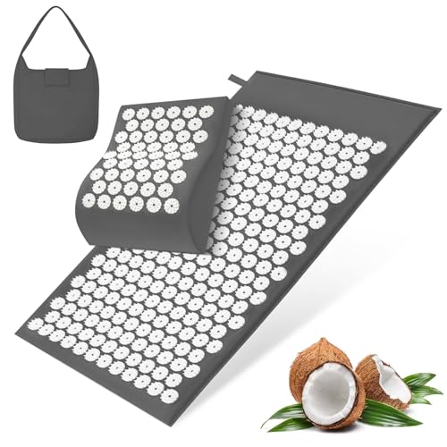 Toemics Akupressurmatte & Kissen Set 74 cm Extra Lang, mit 100% Kokosfaser Füllung, Massage Matte zur Linderung von Verspannungen, Förderung der Durchblutung und Entspannung (Grau)