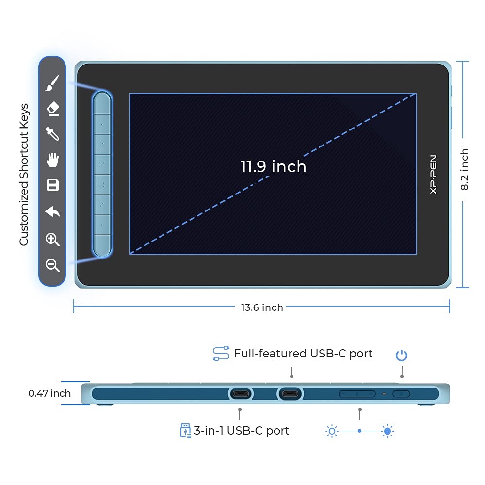 XPPen Artist 12 2nd Generation Tablette Graphique avec Ecran Entière Laminé en 11.6 Pouces Stylet X3 à 8192 Niveaux Compatible avec Windows Mac Chrome OS Android et Linux (Bleu)